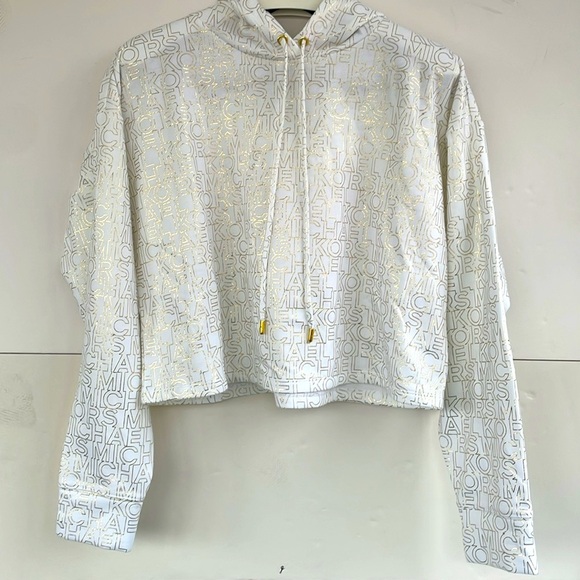 Michael Kors White and Metallic Gold Cropped Hoodie Medium - Picture 1 of 17